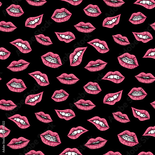 Hand drawn vector seamless pattern - Sweet lips. Female red clos