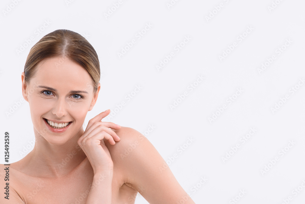 Pretty girl is satisfied with skincare treatment Pretty girl is satisfied with skincare treatment