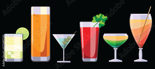A selection of alcoholic beverages,Horizontal seamless pattern,Cocktail party, on a black background. Vector illustration.