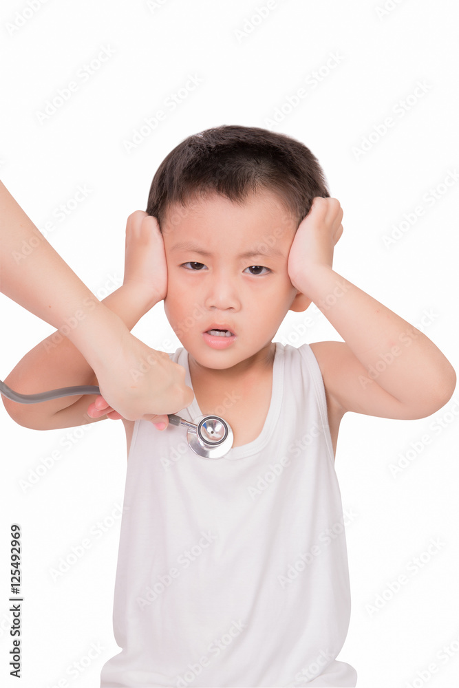 Asian Little boy having a headache isolated on white background Asian Little boy having a headache isolated on white background