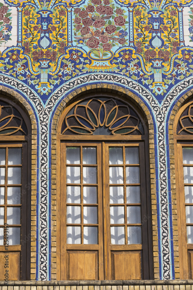Exteriors of Golestan palace and old mosaic paintings in Teheran, Iran.