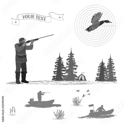 
A man stands and shoots from a rifle. trees and tents. flying duck. A rubber boat ride men.