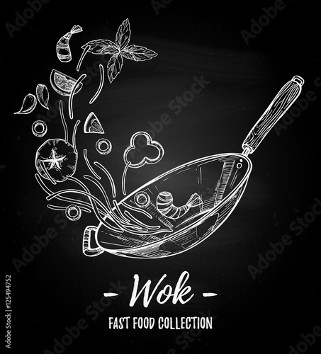 Hand drawn vector illustration - Wok. Wok pan, chinese noodles