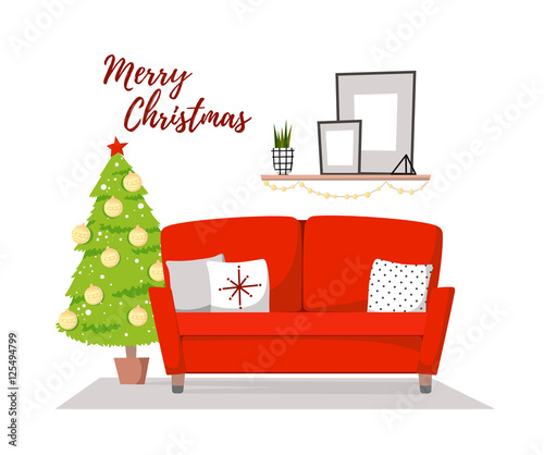 Flat vector illustration - Home christmas interior. Cozy living room