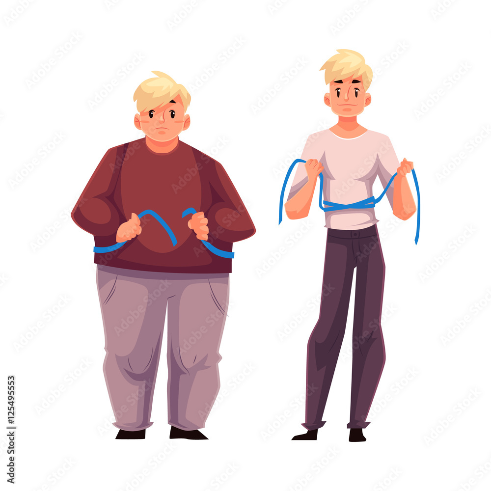 Fat and fit men measuring waist with a tape, before and after loosing  weight, cartoon vector illustration isolated on white background. Overweight  and athletic young men measuring themselves Stock Vector | Adobe