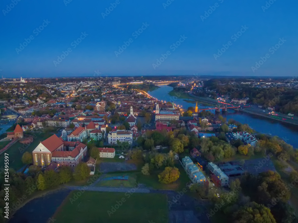 Kaunas, Lithuania: aerial top view of old town and castle