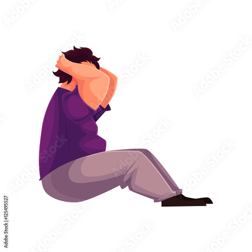 Fat man doing sit ups, cartoon vector illustration isolated on white background. Obese, fat, chubby man training his abdominal muscles, doing sit ups, getting fit