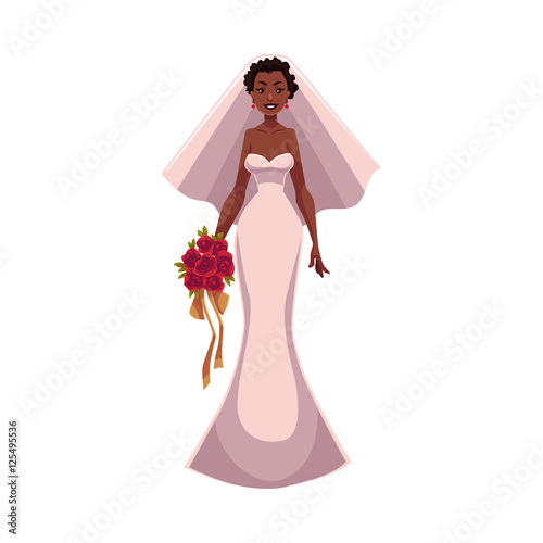 African American bride, fiancee, just married woman, cartoon vector illustration isolated on white background. Black bride in fashionable wedding dress getting married