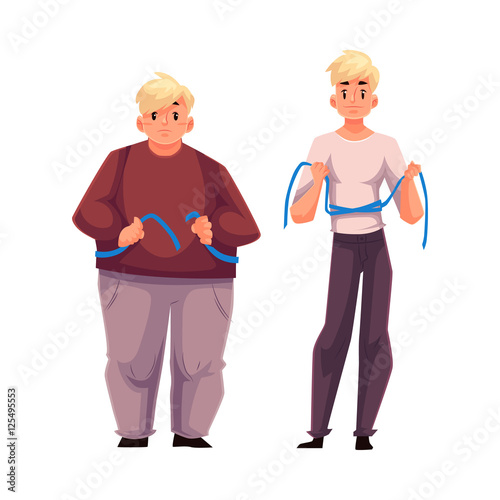 Fat and fit men measuring waist with a tape, before and after loosing weight, cartoon vector illustration isolated on white background. Overweight and athletic young men measuring themselves