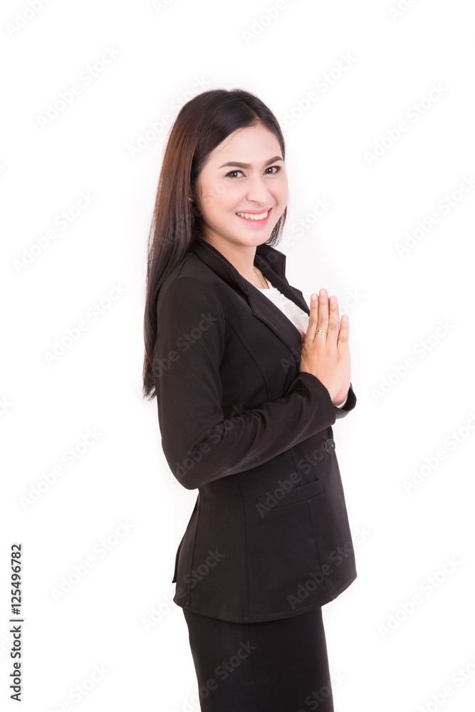Happy young asian woman with Thai culture Sawasdee,Welcome Happy young asian woman with Thai culture Sawasdee,Welcome