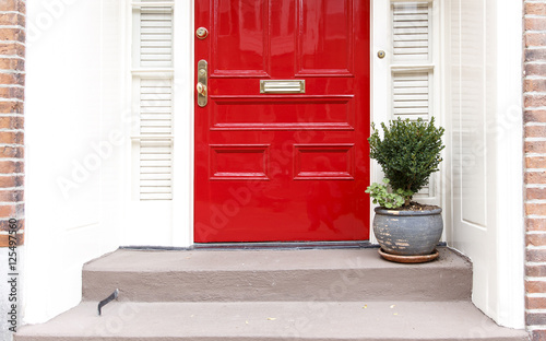 residence front entrance. sleek design. red door and potted plant on the stairs
