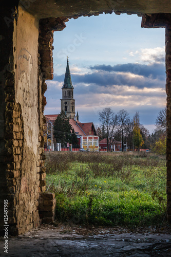 Viewi through the door of the old tower, selective focus photo