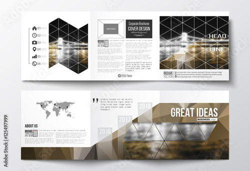 Set of tri-fold brochures  square design templates. Colorful polygonal background  blurred image  night city landscape  modern stylish triangular vector texture.