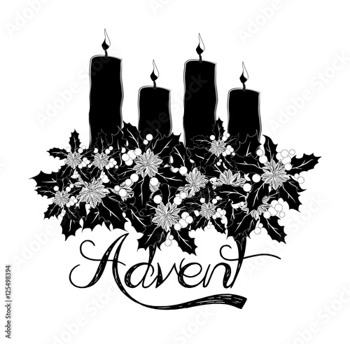 Advent wreath with four burning candles, abstract artistic watercolor illustration for the Christmas time