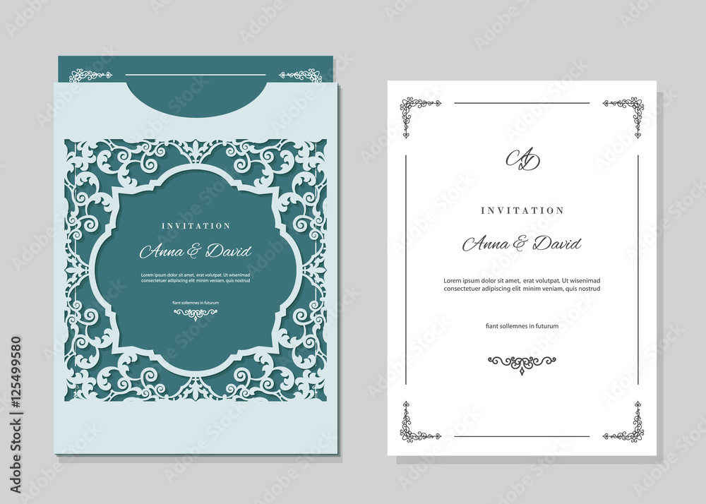 Wedding invitation card and envelope template with laser cutting filigree frame.