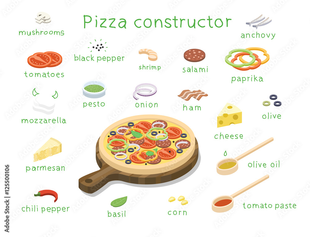 Fototapeta Vector isometric set of ingredients to build custom tasty pizza, 3d flat food icons, tomatoes, mushrooms, mozzarella, peppers, shrimp, salami, cheese, olives, ham, pesto. Delivery pizza service