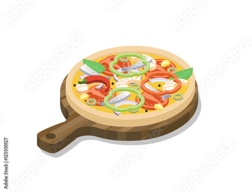 Vector isometric pizza with fish, shrimp, onion, paprika, . Menu icon, Italian cuisine, 3d flat food design