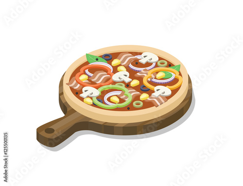 Vector isometric pizza with ham, mushrooms, paprika, olive, corn, onion, wooden desk. Menu icon, Italian cuisine, 3d flat food design