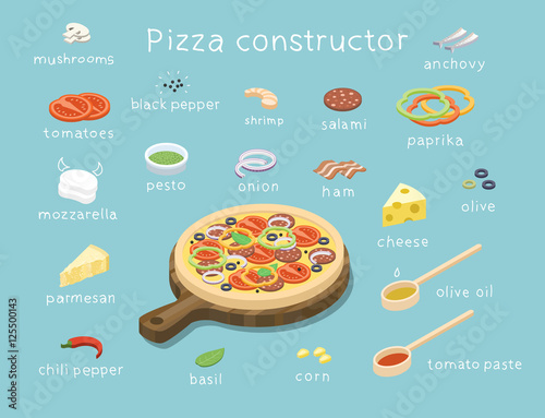 Vector isometric set of ingredients to build custom tasty pizza, 3d flat food icons, tomatoes, mushrooms, mozzarella, peppers, shrimp, salami, cheese, olives, ham, pesto. Delivery pizza service