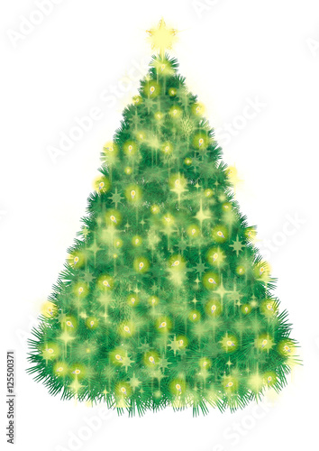 Christmas tree, color illustration, decorated with shiny lights, sparkles, glitter and a star, isolated on white background
