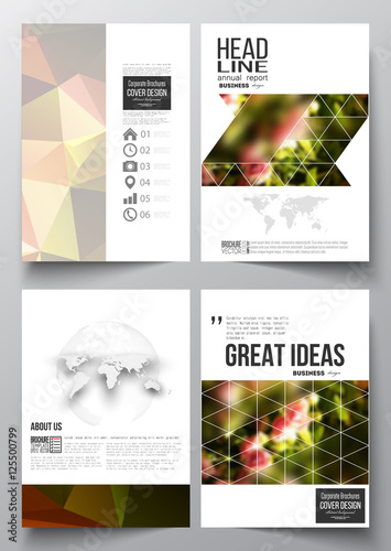 Set of business templates for brochure, magazine, flyer, booklet or annual report. Colorful polygonal floral background, blurred image, pink flowers on green, modern triangular texture