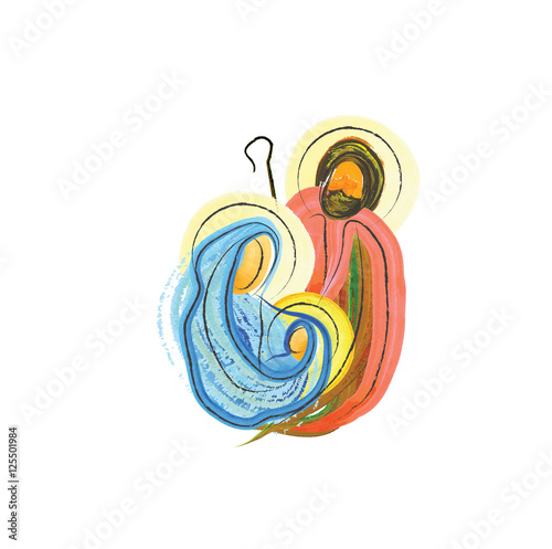 Christmas religious nativity scene, Holy family abstract watercolor illustration Mary Joseph and Jesus