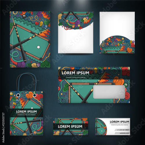 Vector hand drawn doodle template of billiard, pool and snooker for cover design, business card, envelope, letterhead, brochure and book. Realistic corporate identity brand mock up.