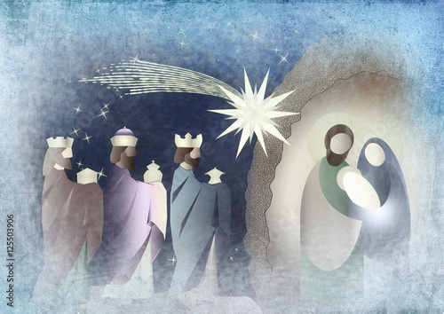 Christmas nativity religious Bethlehem crib scene, with Holy family of Mary, Joseph and baby Jesus and three wise men.holiday background, illustration.