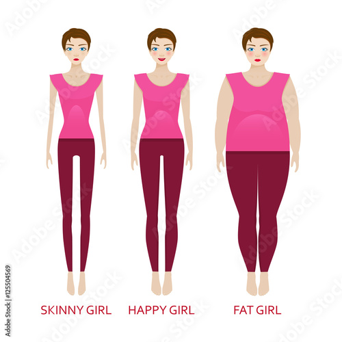 Woman in a different forms. Girl in sportrwear with excess weight, in normal shape and with underweight. Vector illustration.