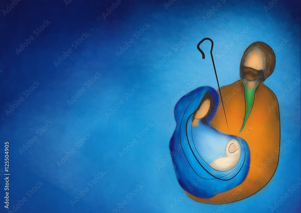 Christmas religious nativity scene, Holy family abstract artistic watercolor illustration Mary Joseph and Jesus in the starry night Christmas religious nativity scene, Holy family abstract artistic watercolor illustration Mary Joseph and Jesus in the starry night