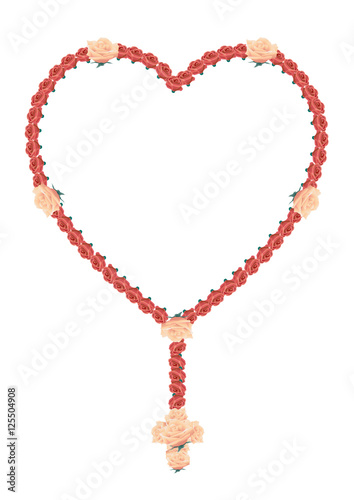 Holy rosary beads, chaplet. Catholic devotional prayer beads or rope, in shape of a heart made of roses
