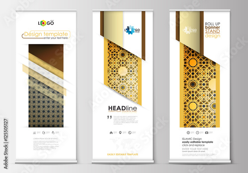 Set of roll up banner stands, flat design templates, modern business concept, corporate vertical flyers. Islamic gold pattern, overlapping geometric shapes forming abstract ornament. Golden texture.