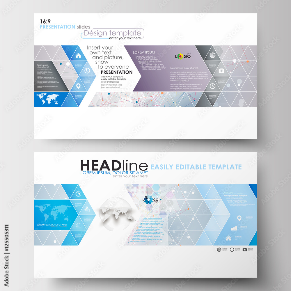 Business templates in HD format for presentation slides. Easy editable layouts in flat design. Molecule structure on blue background. Science, healthcare, medical vector.