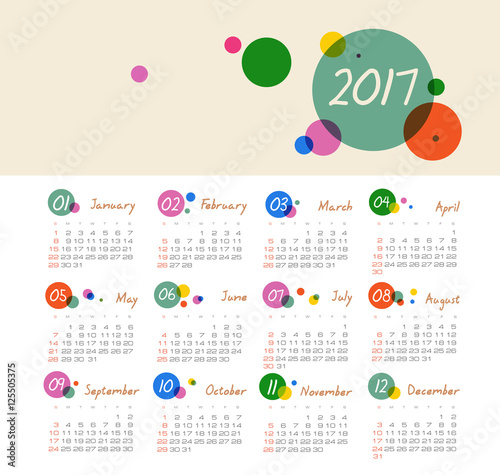Vector Calendar 2017 year. Week Starts Sunday