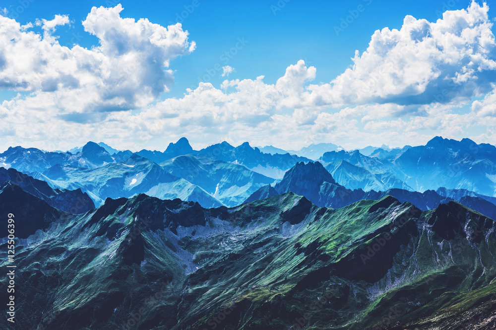 Sharp Alps mountain peaks in Allgau Germany - obrazy, fototapety, plakaty 