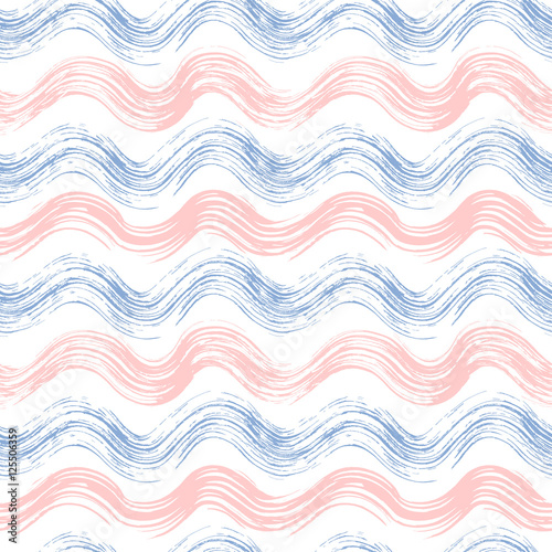 Grunge seamless pattern of rose quartz and serenity wave, hand painted grunge vector background pink and blue wavy stripes for textile, wallpaper, web, wrapping, fabric, paper