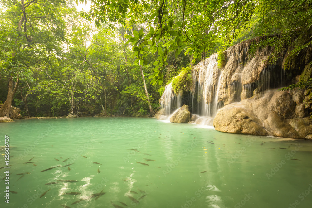 Naklejka premium Beautiful green waterfall , Erawan waterfall , Located Kanchanaburi, Thailand