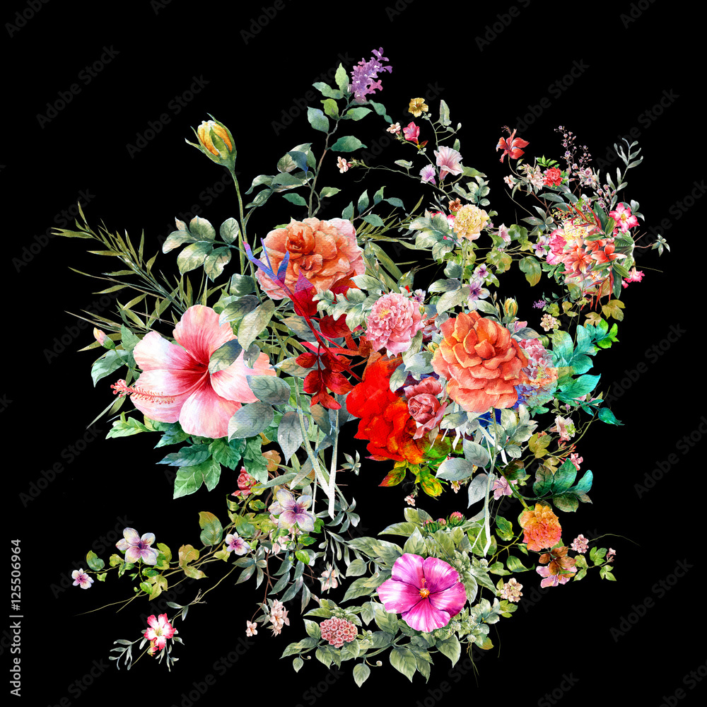 Fototapeta premium watercolor painting of leaves and flower, on dark background