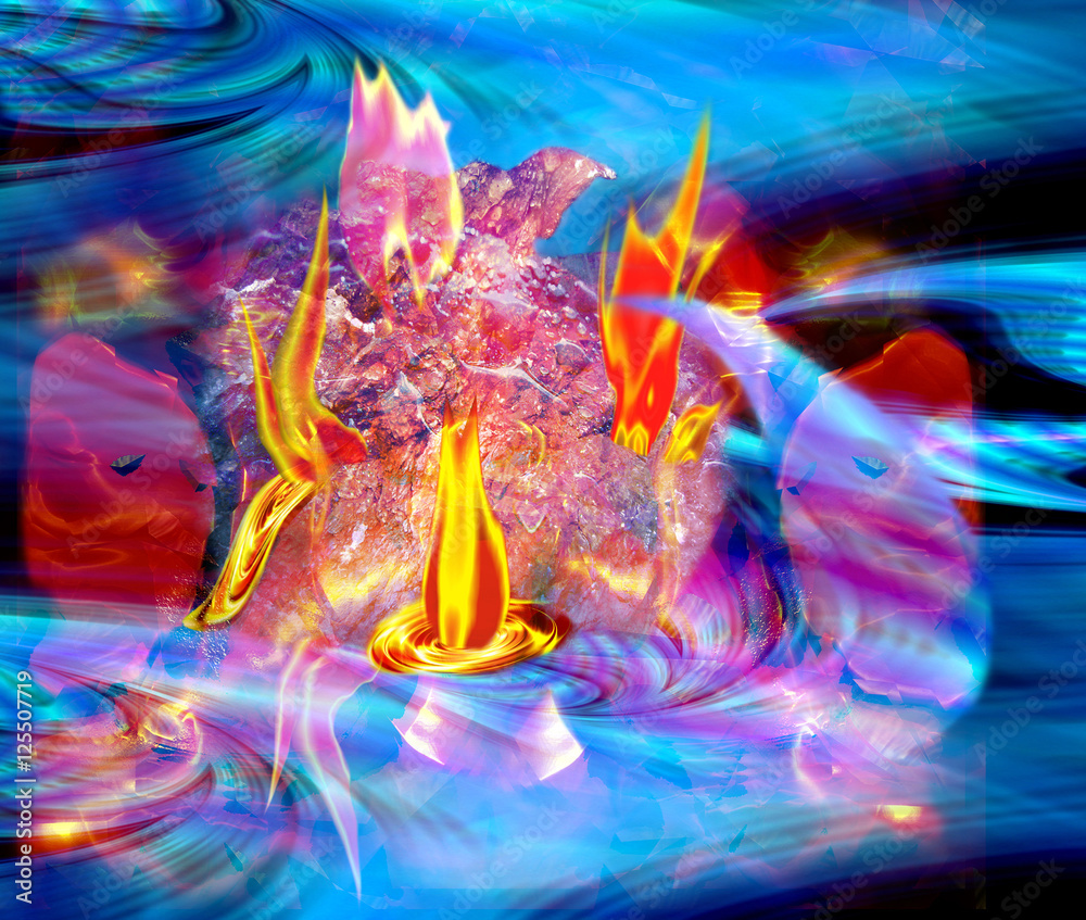 Abstract background with burning rock and water waves. Fire fighting water.  Blue, red, pink and orange background with flames and liquid Stock  Illustration | Adobe Stock