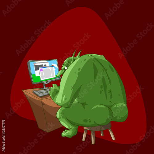 Colorful vector illustration of a fat internet troll, sitting infront of a computer, typing rude comments and fake propaganda articles on the social media
