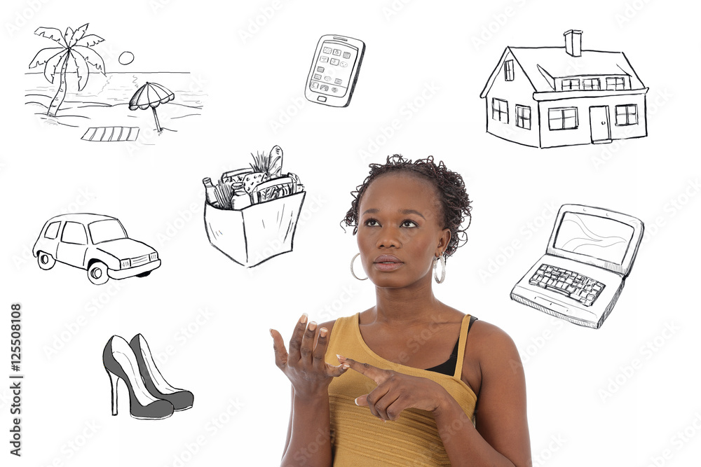 jeune femme noire comptant son budget avec dessins  - obrazy, fototapety, plakaty 