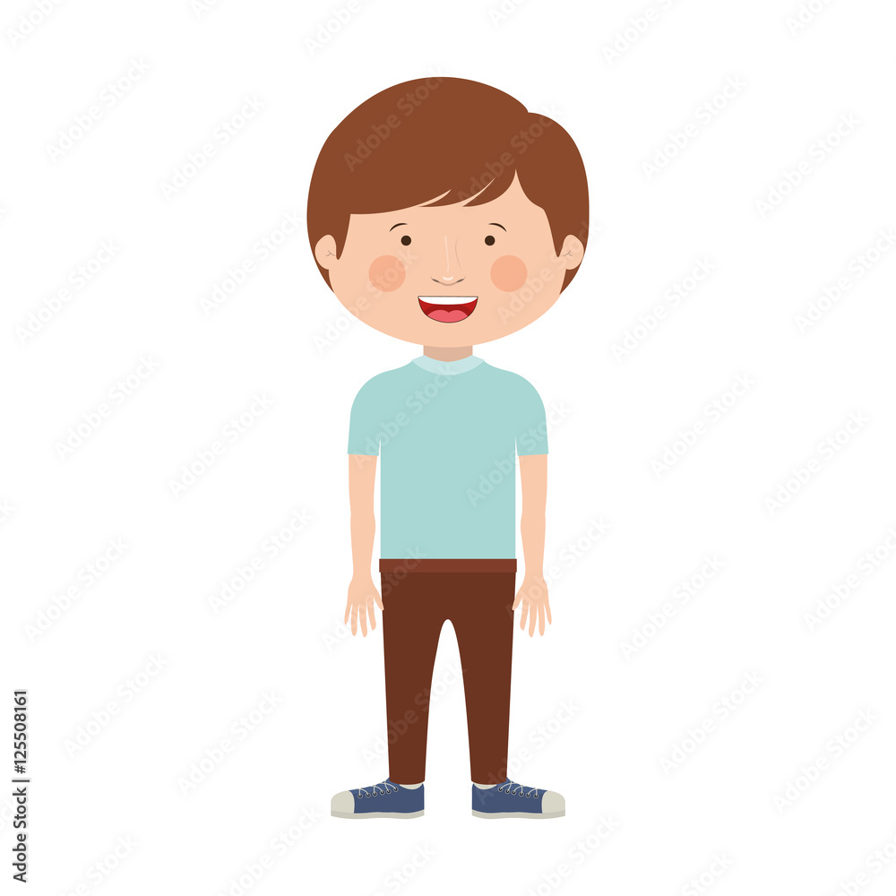 boy smiling wearing blue t-shirt and brown pants over white background. vector illustration