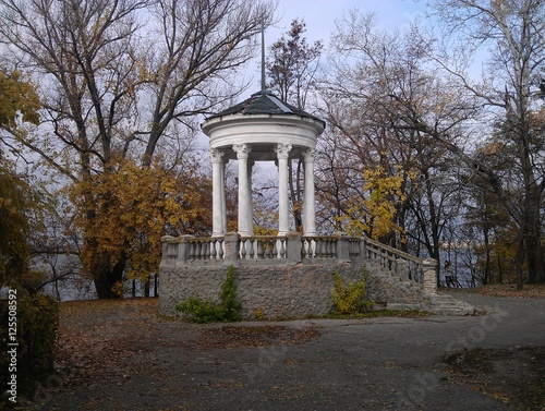 Autumn in the city park, houses, street, garden, cafe