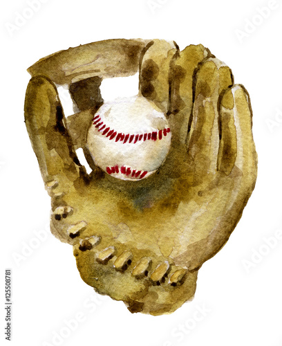Photography watercolor sketch of baseball glove and ball on white background