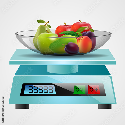scale with fruits and vegetables. Vector illustration