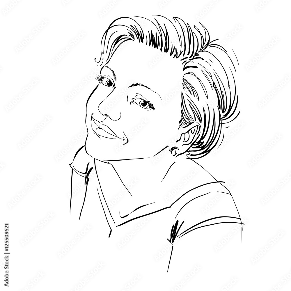 Vector art drawing, portrait of gorgeous happy girl isolated on