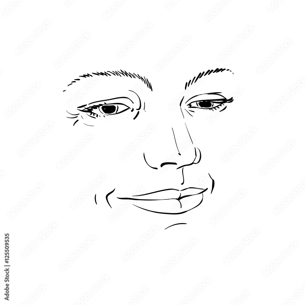 Monochrome hand-drawn silhouette of woman face, delicate feature Monochrome hand-drawn silhouette of woman face, delicate feature