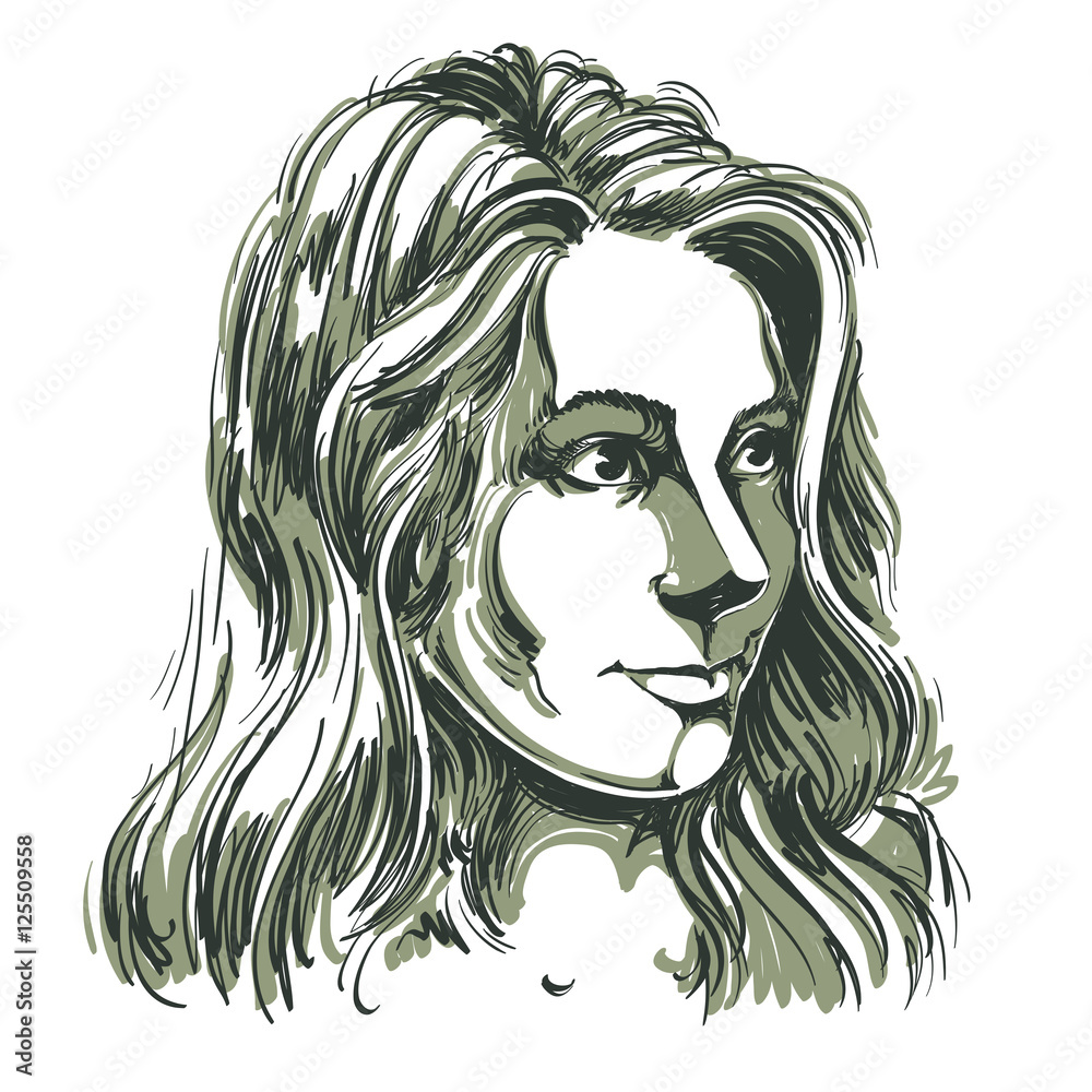 Vector portrait of attractive Caucasian woman with long wavy hai