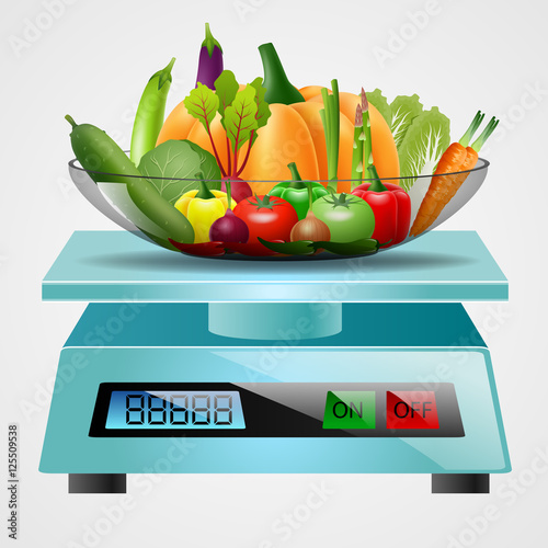 scale with fruits and vegetables. Vector illustration