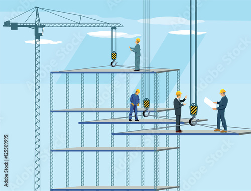 Baustelle mit Kran Arbeitern und Architekt 